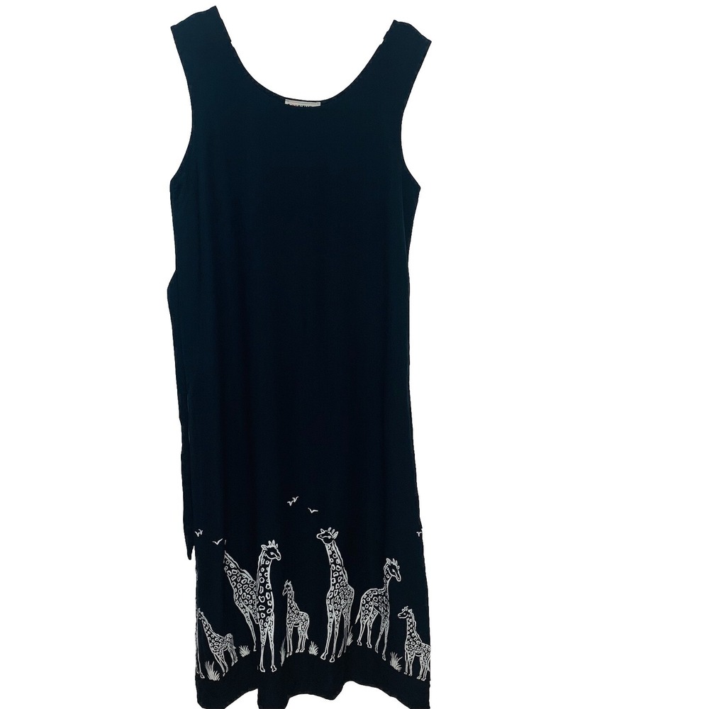 Vintage Novelty Maxi Dress Large Black Giraffe Print Sleeveless Tropical  USA‎